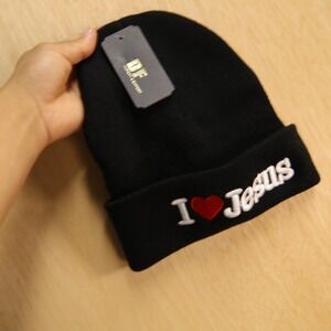 DF I Heart Jesus Embroidered Beanie Black Cuffed Knit Hat Religious Faith